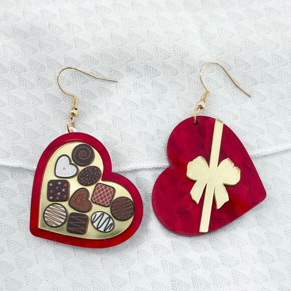 Heart Shaped Box of Chocolates Earrings, Valentine's Day Earrings - Picture 1 of 4